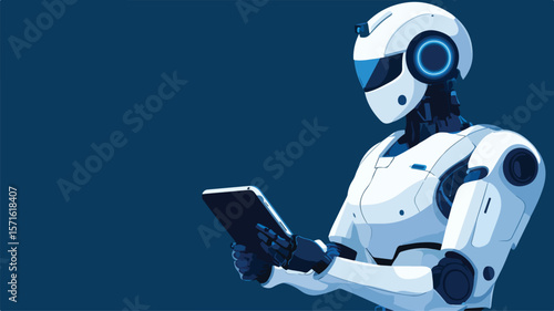 Futuristic Humanoid Robot Technology with Tablet in Flat Design