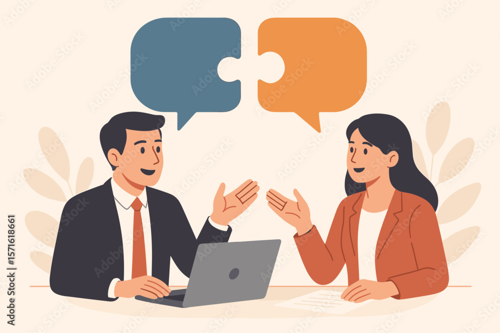 Business communication and collaboration concept. Man and woman in meeting find solution. Speech bubbles as puzzle pieces symbolize teamwork, partnership and success. Vector. Business communication and collaboration concept. Man and woman in meeting find solution. Speech bubbles as puzzle pieces symbolize teamwork, partnership and success. Vector.