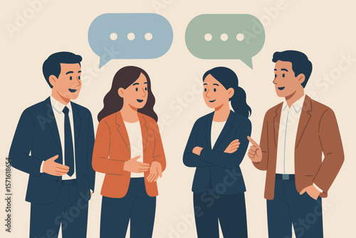 Business people conversation and discussion. Group of coworkers talking and chatting. Office team meeting and communication concept. Flat vector illustration of colleagues dialog.