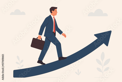 Consistency for growth. Reliability and stability for progress in career development. Balance and steady step toward success. Businessman walks up arrow. Continuity concept.