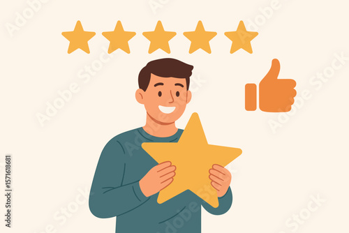 Customer satisfaction concept. Happy man giving a 5-star rating and a thumbs up. Positive client feedback, consumer review, and best service experience vector illustration.