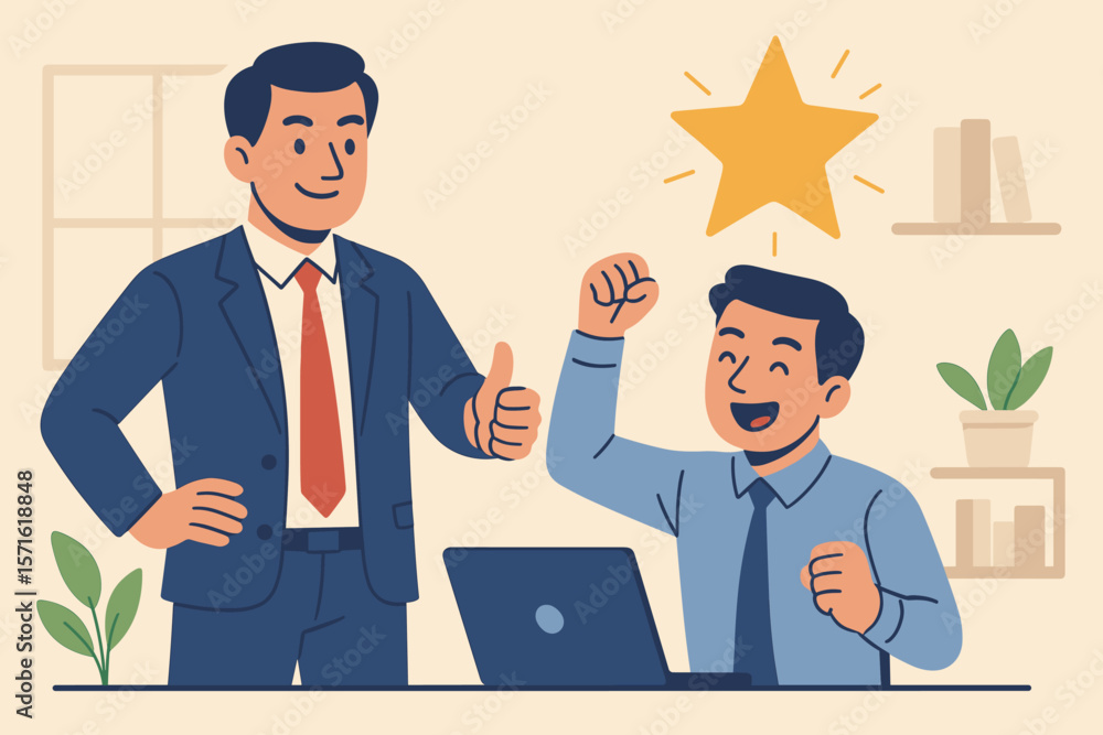 Encouragement and support for employee success concept. Manager praises worker with a thumbs up for good work. Boosting motivation, ambition, and winning pride for career growth. Encouragement and support for employee success concept. Manager praises worker with a thumbs up for good work. Boosting motivation, ambition, and winning pride for career growth.
