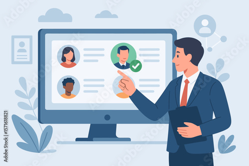 Human resources concept. HR manager using recruitment software. Employee management system for candidate analysis and selection. CRM or applicant tracking system dashboard vector.