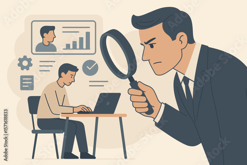 Micromanagement concept. Employee monitoring and surveillance. Boss with magnifying glass watching remote worker. Performance evaluation, analysis and scrutiny. Control.