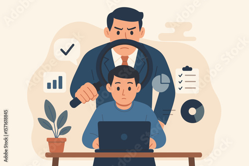 Micromanagement and employee monitoring concept. Angry boss with magnifying glass watches nervous worker. Performance analysis, business surveillance and work observation.