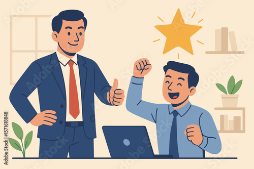 Encouragement and support for employee success concept. Manager praises worker with a thumbs up for good work. Boosting motivation, ambition, and winning pride for career growth.