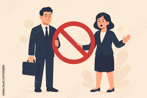 Business people holding a forbidden sign. Prohibition, warning, and stop concept. Manager rejecting a proposal or partnership. Restriction, ban, and refusal message.