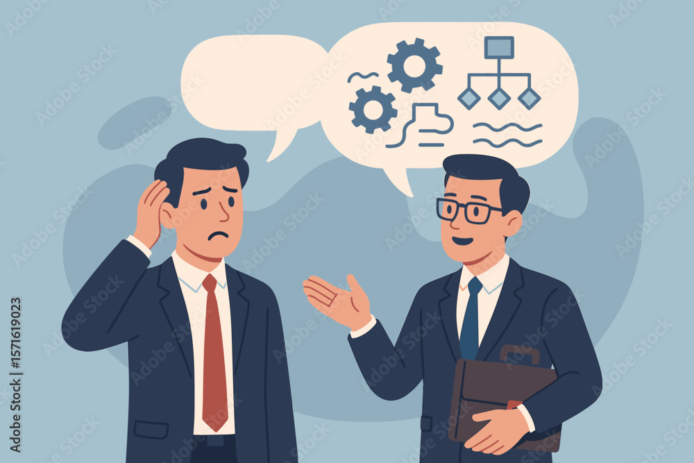 Businessmen discussing complex jargon and technical language, complicated communication, difficult explanation, business conversation with gears and flowchart icons in speech bubbles Businessmen discussing complex jargon and technical language, complicated communication, difficult explanation, business conversation with gears and flowchart icons in speech bubbles