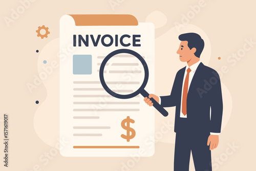Invoice analysis concept. Businessman with magnifying glass checks financial document for audit. Accounting, payment verification, receipt, quotation and expense management.