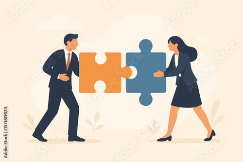 Business teamwork and partnership concept. Businessman and businesswoman connecting jigsaw puzzle pieces together. Collaboration and cooperation for problem-solving and finding a solution.