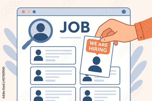 We are hiring concept. HR hand posting a job on a recruitment website. Online employment and career opportunity. Human resources searching for candidate. Help wanted vacancy ad.