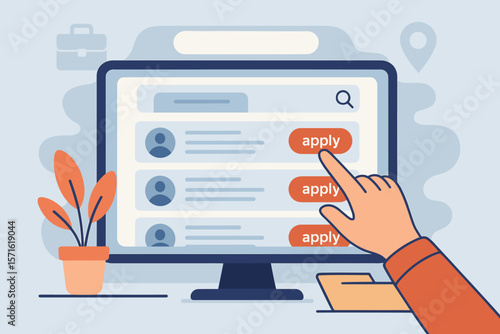 Job search online concept. Hand of a candidate clicks the apply button on a computer screen. Recruitment website with job vacancies list. Human resources, career, employment.