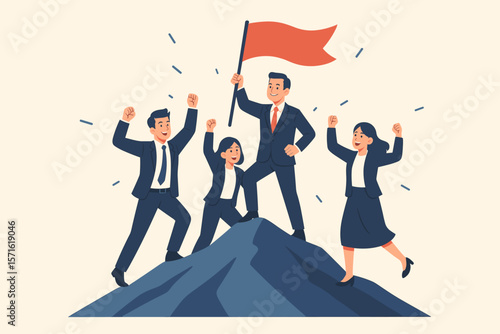 Leadership concept with team leader on a mountain peak. Business team celebrating success, victory, and goal achievement. Company mission accomplished with great teamwork.