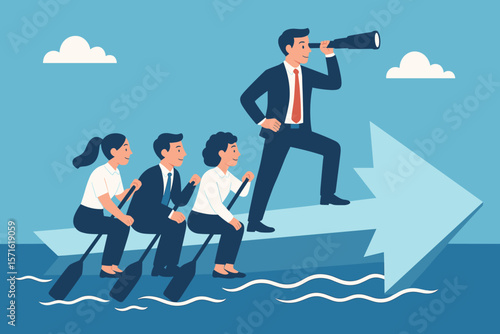 Business leadership concept. Manager with telescope leads team rowing on arrow boat. Employee teamwork for corporate success. Vision, direction, motivation, and growth metaphor.