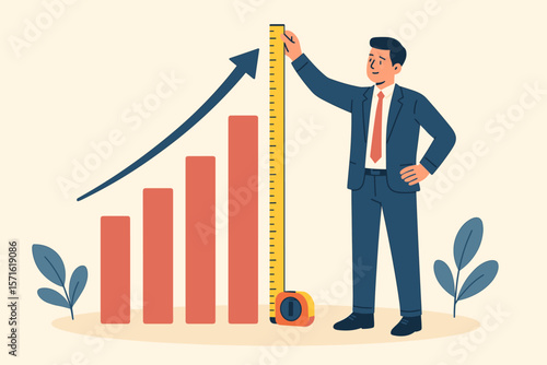 Metaphor for measuring success. Businessman evaluates business growth with tape measure. KPI, key performance indicator. Benchmark, progress, improvement concept. Flat vector.