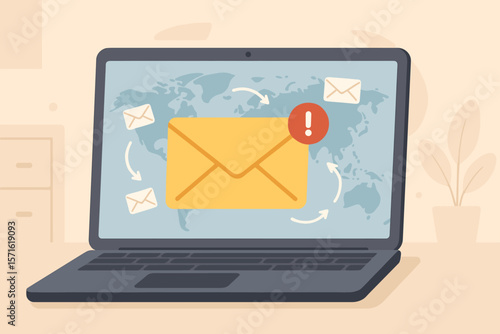 New email message notification with alert icon on laptop screen. Concept of global online business communication, e-mail marketing, newsletter, and internet connection.