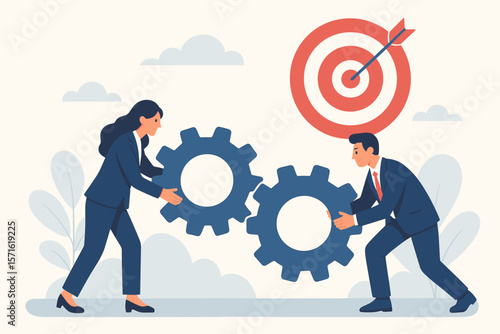 Business teamwork for success. Man and woman partners connect cogwheel gears to reach target. Metaphor for optimization, improvement, strategy, efficiency and productivity.