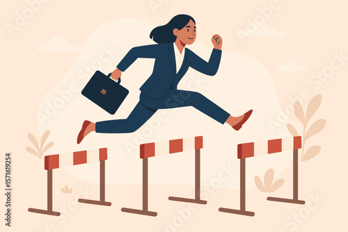 Overcoming challenges concept. Businesswoman jumping over hurdles. Metaphor for business success, career progress, determination, problem solving, ambition and achievement.