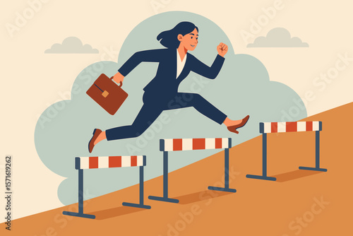 Overcome obstacle or challenge. Businesswoman jumping over hurdles. Concept for success journey, career progress, determination, ambition, and aspiration to overcome difficulty.