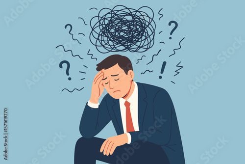 Overthinking man concept. Stressed businessman with tangled thoughts. Metaphor for anxiety, depression, fear, worry, indecision, self doubt, mental exhaustion, burnout.