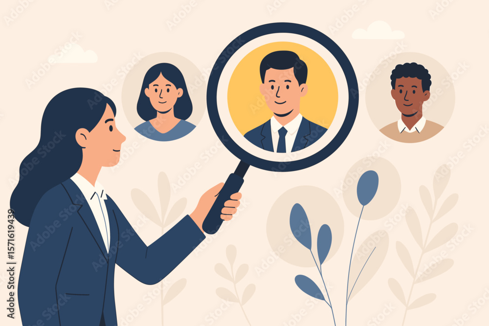 Human resources manager with magnifying glass selecting a job candidate. Recruitment and hiring concept illustration. HR recruiter analyzing diverse applicants for employment. Human resources manager with magnifying glass selecting a job candidate. Recruitment and hiring concept illustration. HR recruiter analyzing diverse applicants for employment.