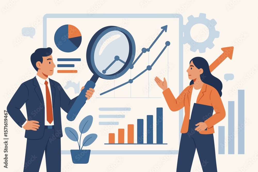 Business team doing data analysis. People with magnifying glass research marketing charts. Concept for statistics, financial report, business intelligence and strategy growth. Business team doing data analysis. People with magnifying glass research marketing charts. Concept for statistics, financial report, business intelligence and strategy growth.