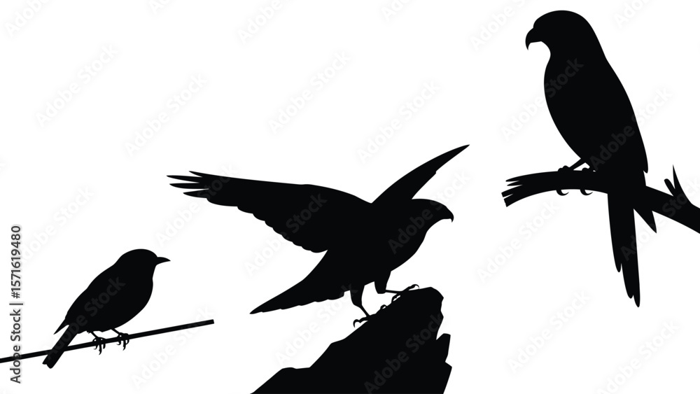 Fototapeta premium Bird silhouette set, rock, branch, tree, wildlife