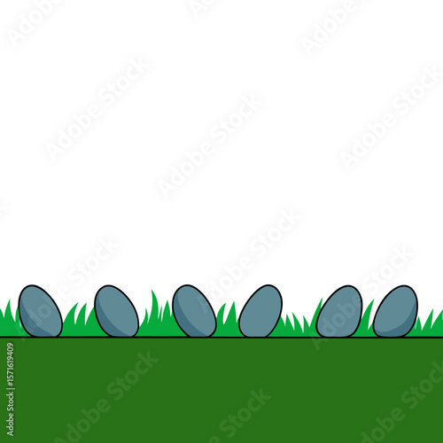 Several gray oval stones lined up on green grass with a white background