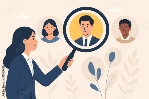 Human resources manager with magnifying glass selecting a job candidate. Recruitment and hiring concept illustration. HR recruiter analyzing diverse applicants for employment.