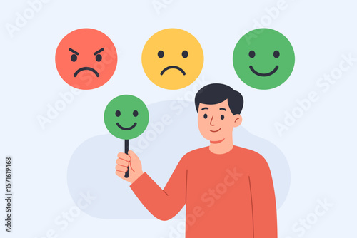 Customer satisfaction rating and client feedback review concept. Man gives positive emotion with happy smile emoji. Survey with angry, sad and like faces. Employee ranking.