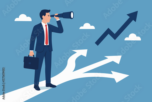 Business vision concept. Businessman with spyglass at a crossroads choosing a career path. Searching for future success, opportunity, and the right direction for growth.