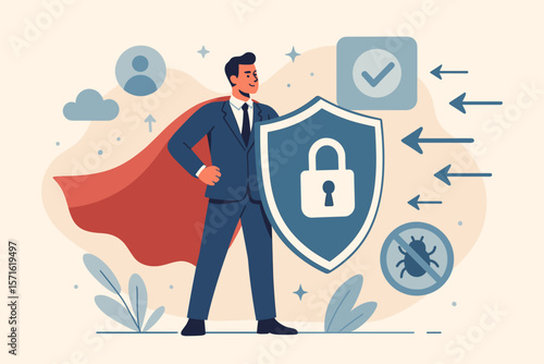 Businessman superhero with a shield protecting from cyber attack. Security, safety, and privacy concept. Data protection, antivirus, and insurance metaphor for business.