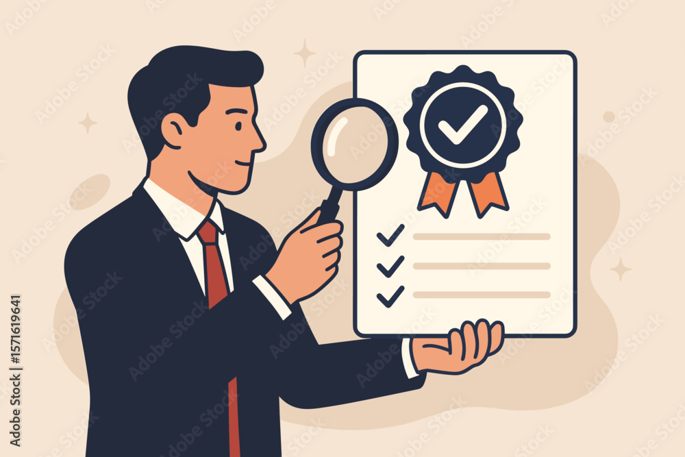 Quality control concept. Businessman inspects certified approval document with magnifying glass. Corporate policy compliance, standard assurance, and guarantee checklist. Vector. Quality control concept. Businessman inspects certified approval document with magnifying glass. Corporate policy compliance, standard assurance, and guarantee checklist. Vector.