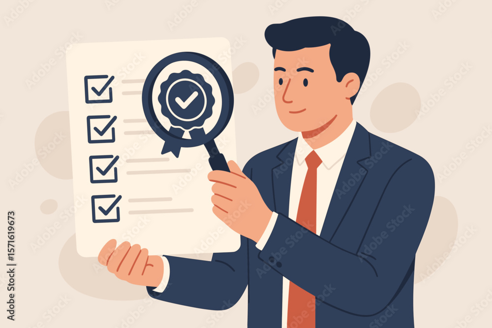 Quality control concept. Businessman inspecting a document with a magnifying glass. Standard certified approval and corporate policy compliance. Guarantee checklist for assurance. Quality control concept. Businessman inspecting a document with a magnifying glass. Standard certified approval and corporate policy compliance. Guarantee checklist for assurance.