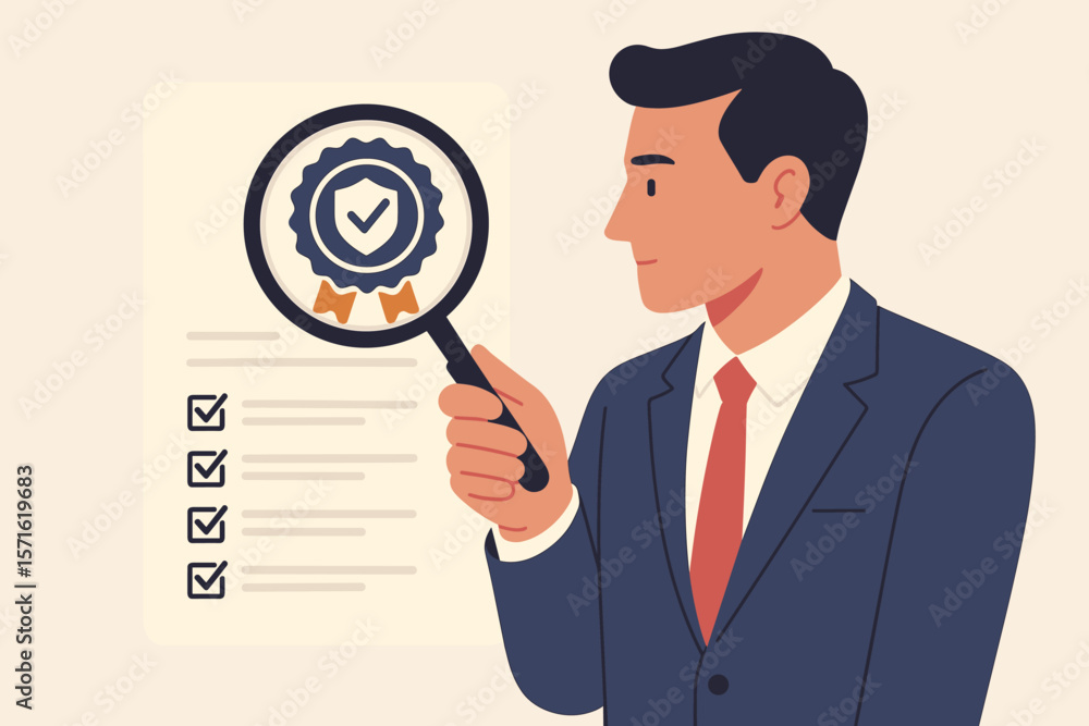 Quality control concept. Businessman with magnifying glass inspecting document for standards and compliance. Certified approval, corporate policy, guarantee checklist, assurance. Quality control concept. Businessman with magnifying glass inspecting document for standards and compliance. Certified approval, corporate policy, guarantee checklist, assurance.
