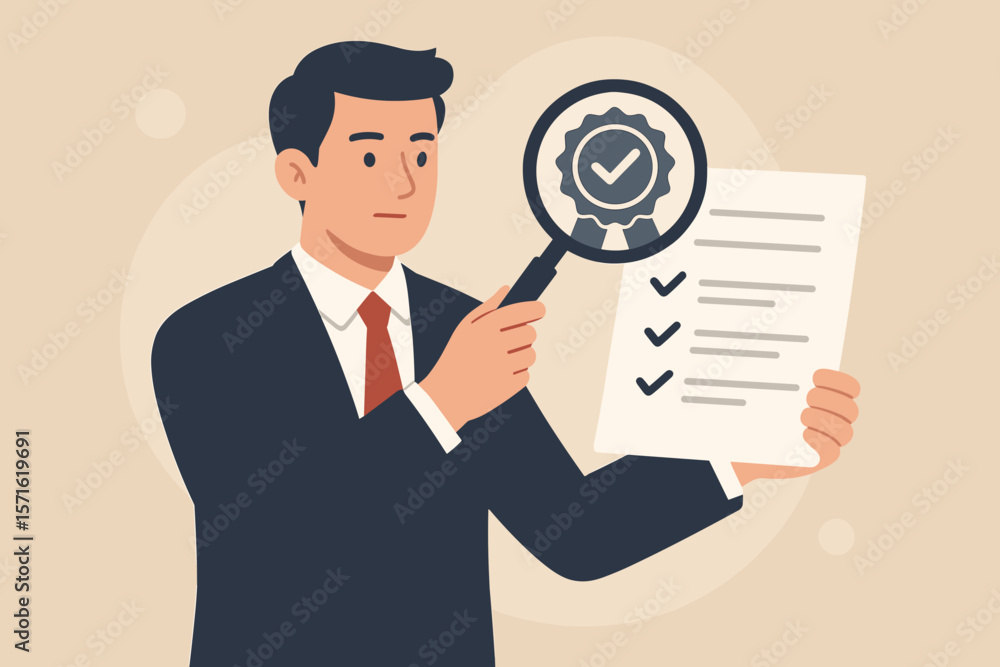 Standard and quality control concept. Businessman holds magnifying glass over certified approval seal on a checklist document. Corporate policy, compliance, guarantee, and assurance. Standard and quality control concept. Businessman holds magnifying glass over certified approval seal on a checklist document. Corporate policy, compliance, guarantee, and assurance.