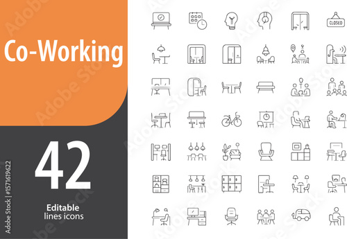 Co-Working Line Icons, Shared Desk, Startup Team, Laptop Setup, Hot Desk, Collaborative Space, Editable Formats: AI, EPS, PNG, JPG, Ideal for Both Digital and Print Use
