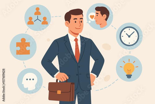 Concept of soft skills and personal attributes for success. Confident businessman with key abilities for career growth like empathy, networking, time management, and problem solving.