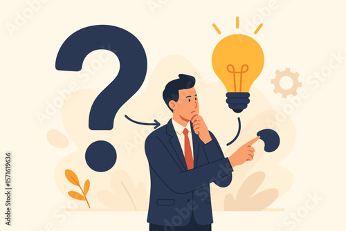 Solving problem with critical thinking. Root cause analysis from question to solution. Businessman finds an answer. Creativity and innovation concept with lightbulb idea.