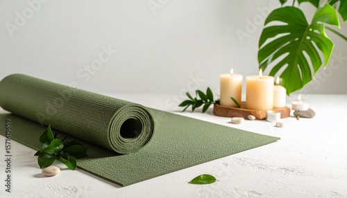Green yoga mat with burning candles and green leaves image
