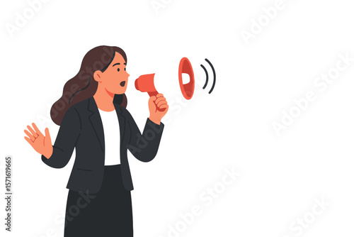 Businesswoman shouting on a megaphone, making an announcement. Speak out, voice, communication concept. Female leader protest, important message, dialogue, or marketing alert.