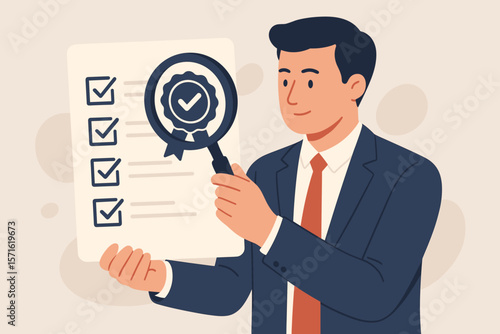Quality control concept. Businessman inspecting a document with a magnifying glass. Standard certified approval and corporate policy compliance. Guarantee checklist for assurance.