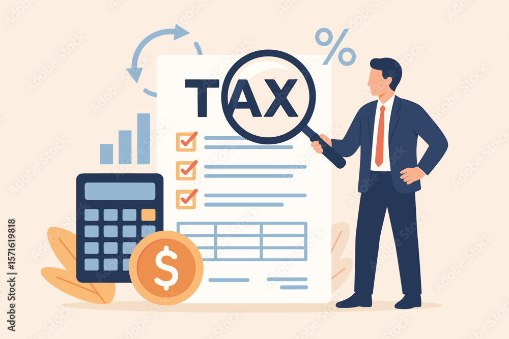 Tax planning vector concept. Financial strategy for tax season. Accounting and audit with piggy bank, calculator. Annual report, income payment, savings optimization. Tax planning vector concept. Financial strategy for tax season. Accounting and audit with piggy bank, calculator. Annual report, income payment, savings optimization.