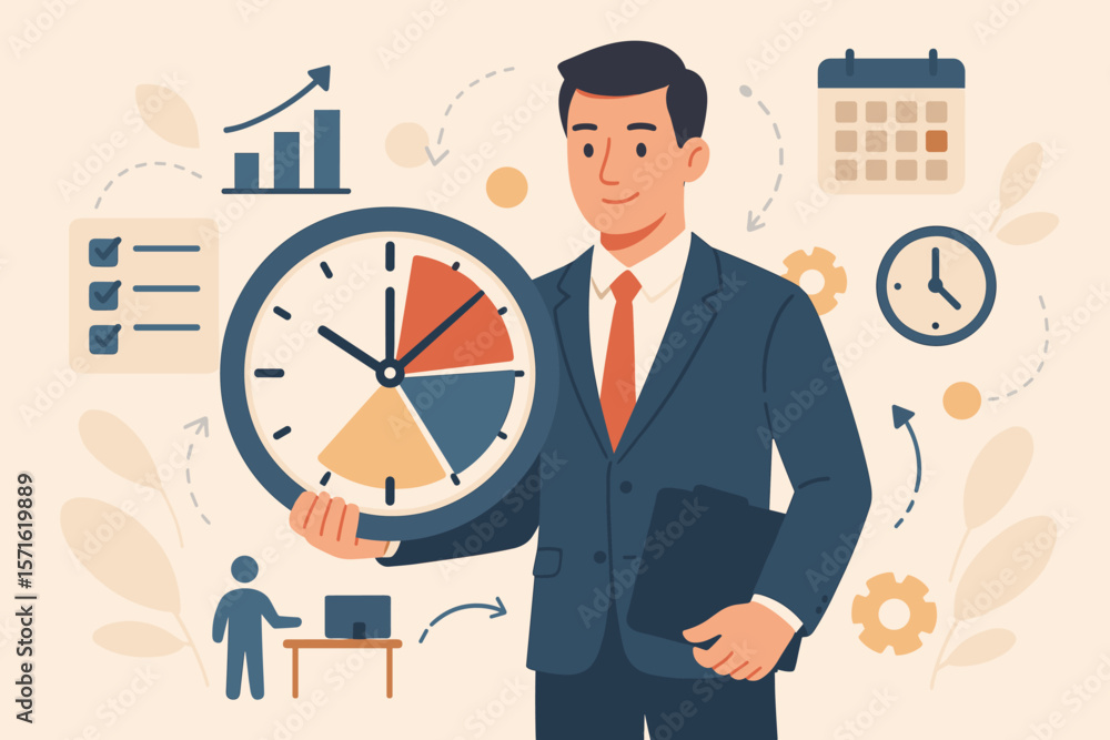 Time management concept with a businessman holding a clock symbolizing task prioritization. Business efficiency, productivity, and planning for growth. Manage schedule and workflow. Time management concept with a businessman holding a clock symbolizing task prioritization. Business efficiency, productivity, and planning for growth. Manage schedule and workflow.