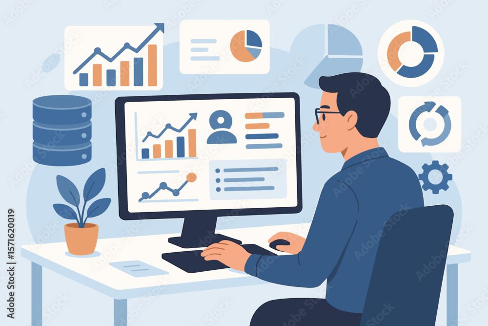 Analyst working on computer with business analytics dashboard. Man creating report with KPI metrics from database. Corporate strategy, data management system concept vector. Analyst working on computer with business analytics dashboard. Man creating report with KPI metrics from database. Corporate strategy, data management system concept vector.