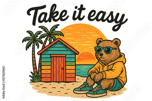 Charming bear relaxing by the colorful beach hut during sunset near palm trees