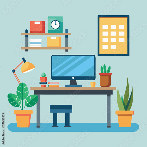 Modern workspace illustration featuring desktop computer plants and office desk in flat style