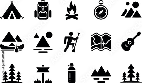  a collection of black silhouette icons representing various outdoor activities and equipment related to camping and hiking.