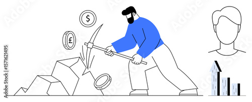 Man wielding pickaxe extracting currency coins from rocks, rising graph and profile icon. Ideal for finance, investment, cryptocurrency, mining, economy, trade, simple landing page