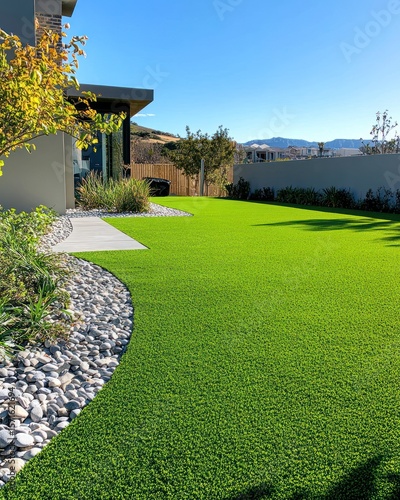 Modern home's backyard with artificial turf and landscaping